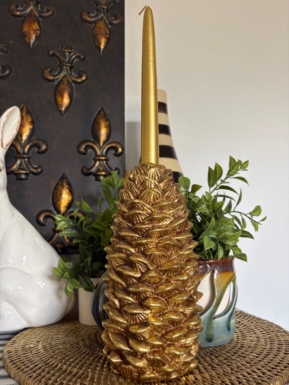 Pottery Barn Large Gold Pinecone Candleholder
